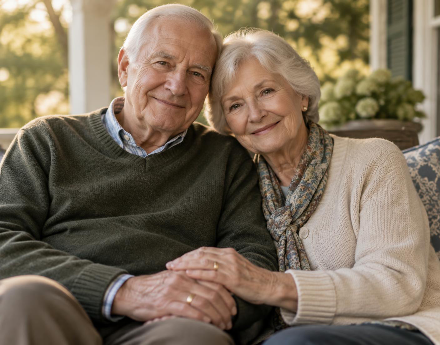 Senior couple holding hands on their porch