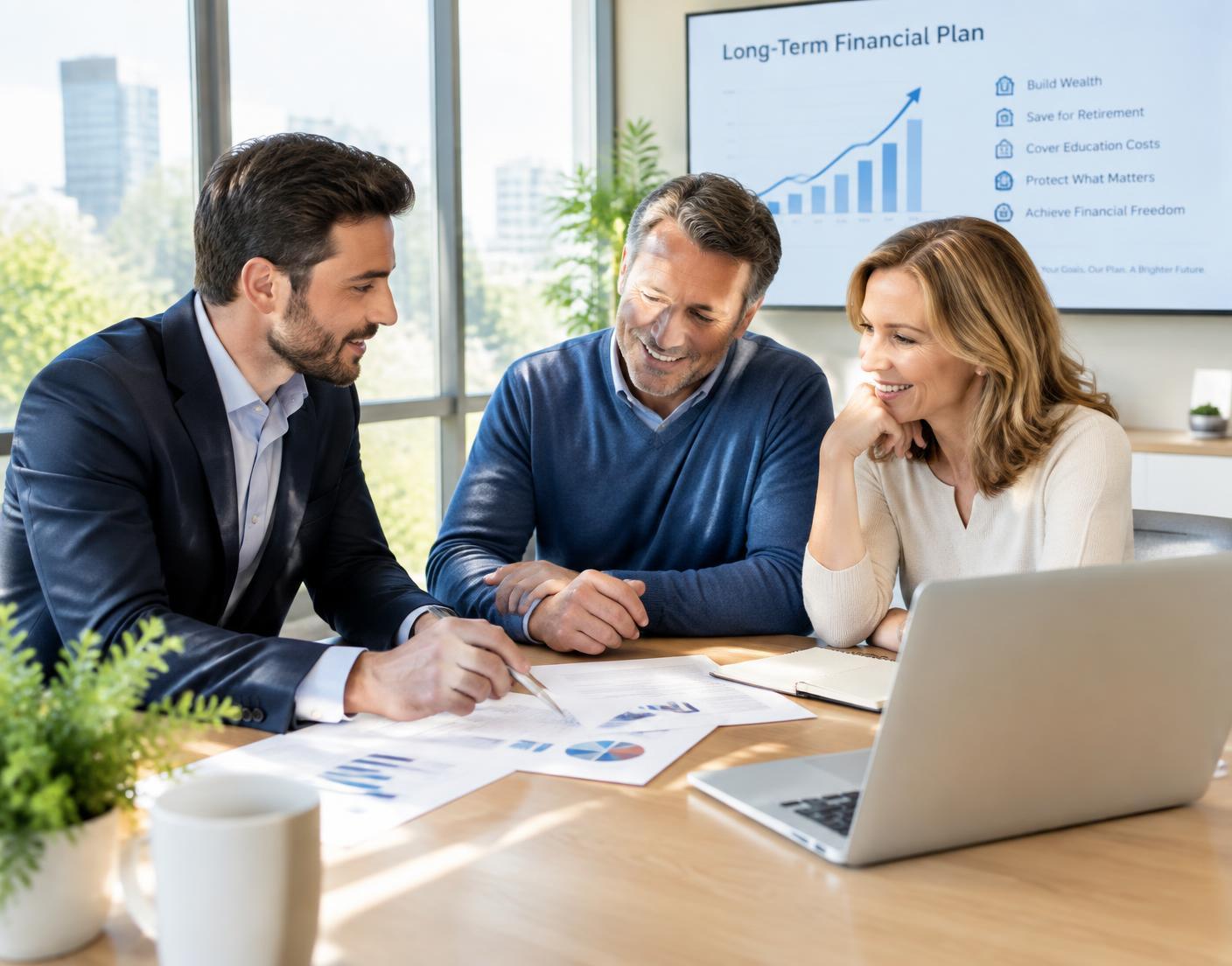 A financial professional reviewing a long-term plan with a couple