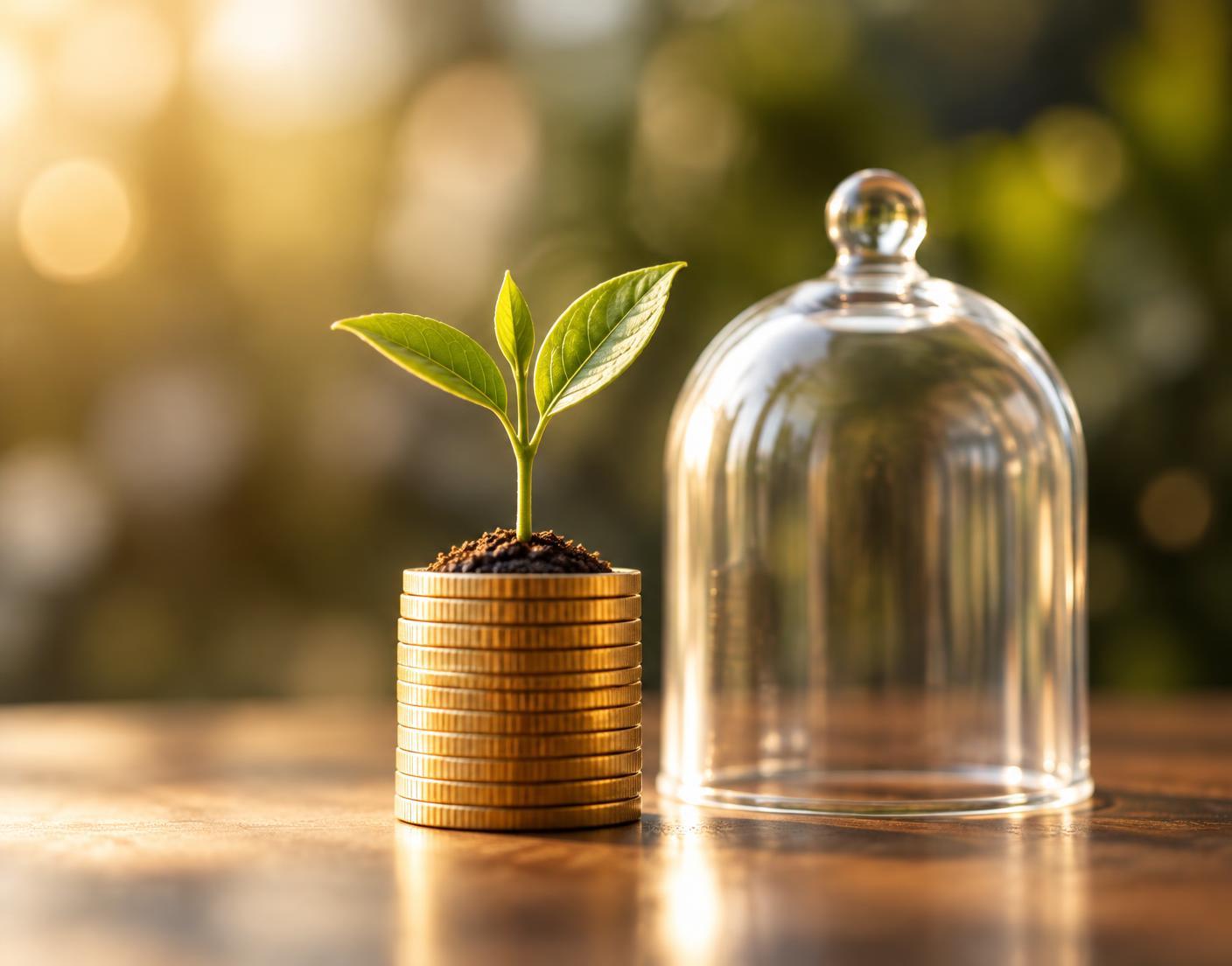 A seedling growing from a stack of coins beside a protective glass dome