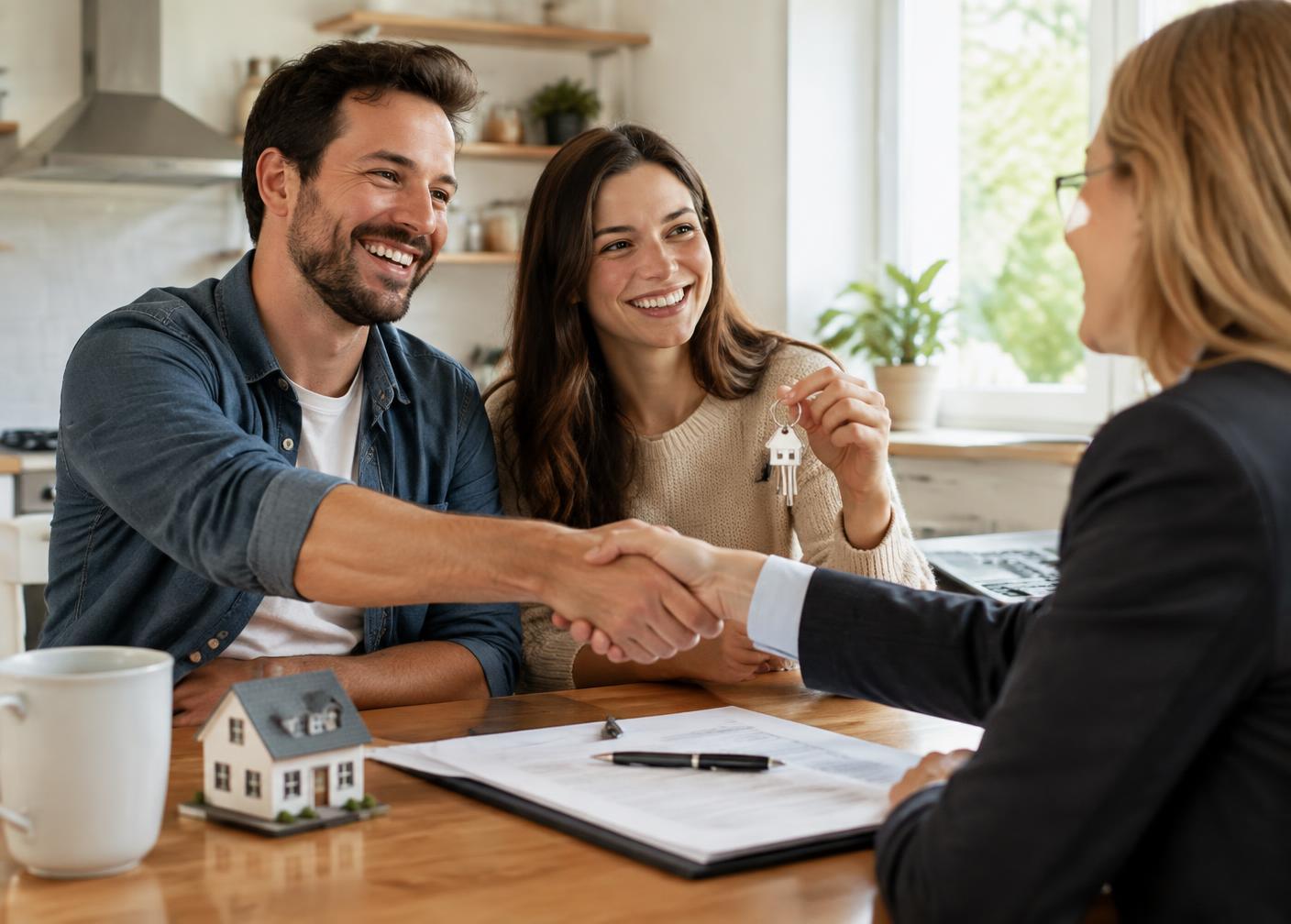 Couple shaking hands with their agent as they receive house keys