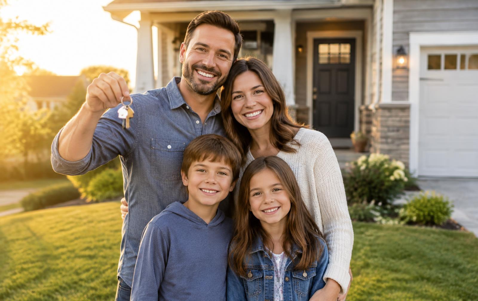 Family holding the keys to their new home