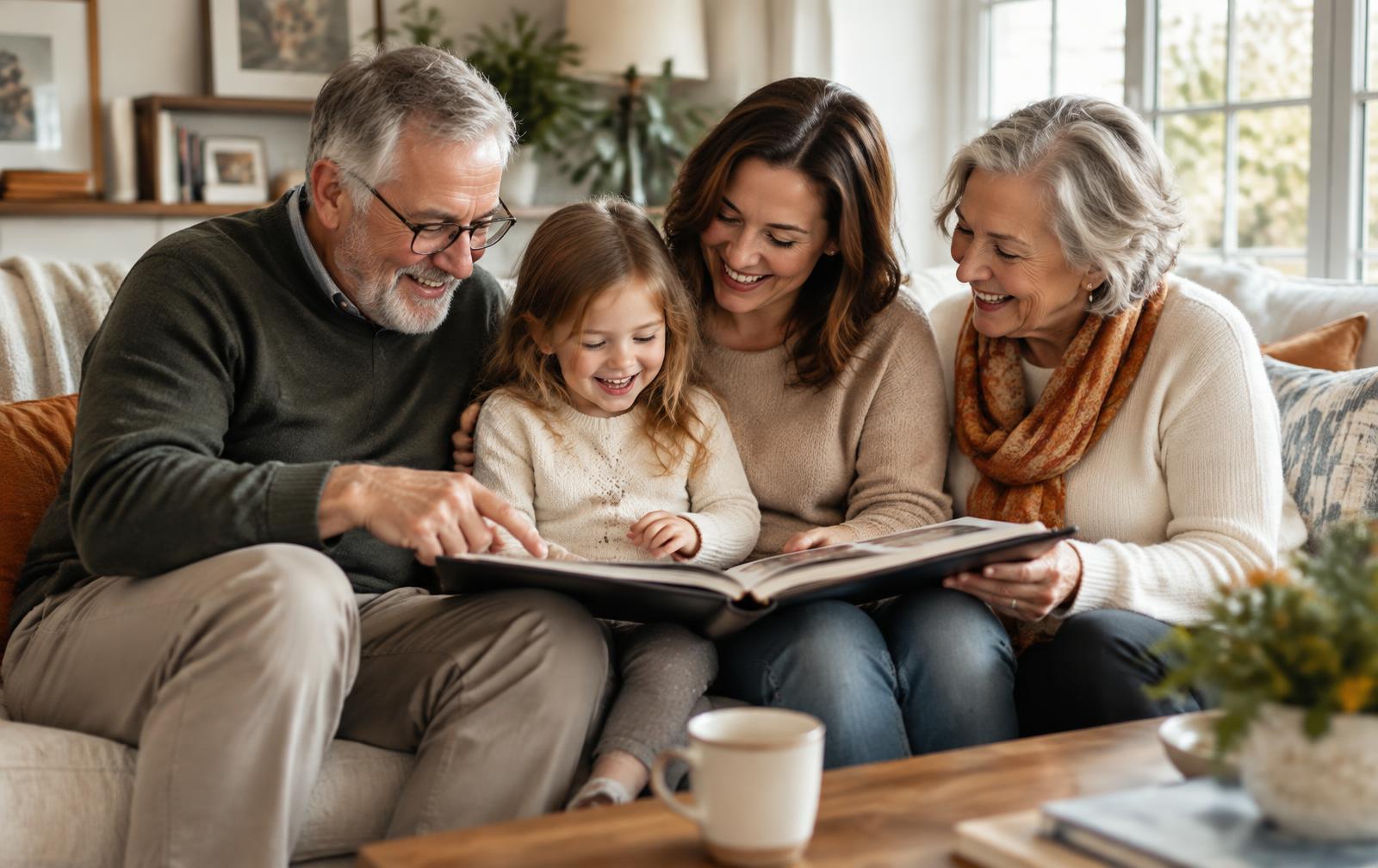 Multigenerational family looking through a photo album together